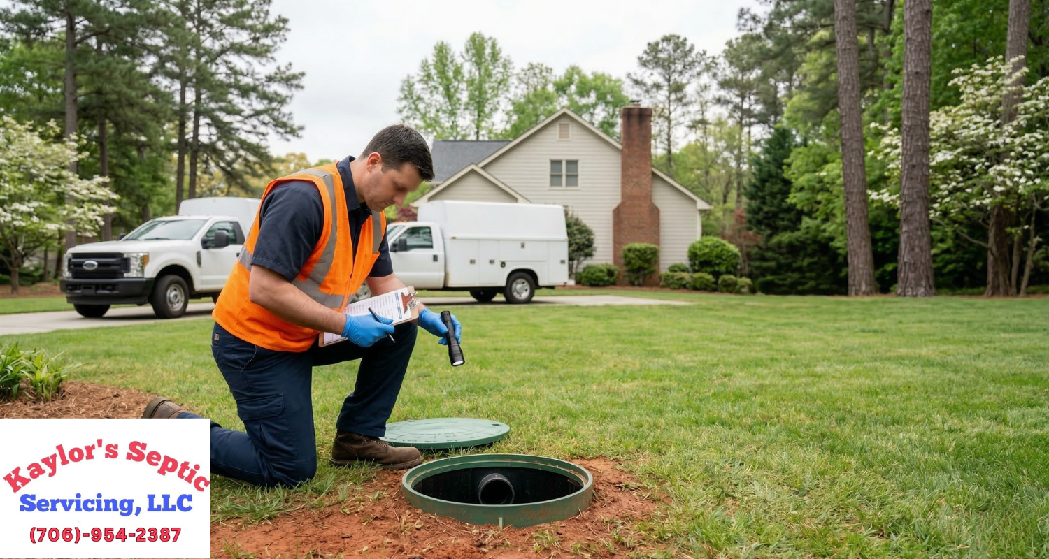 Technician performing spring septic system maintenance in a Georgia backyard