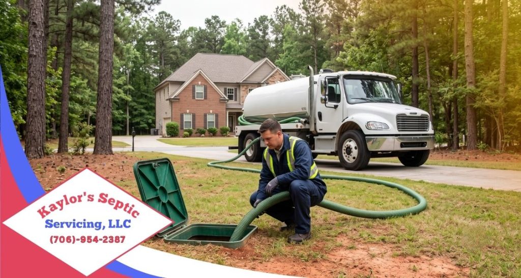 Septic tank pumping in Canton GA at a residential home with a Kaylor Septic technician checking the tank access