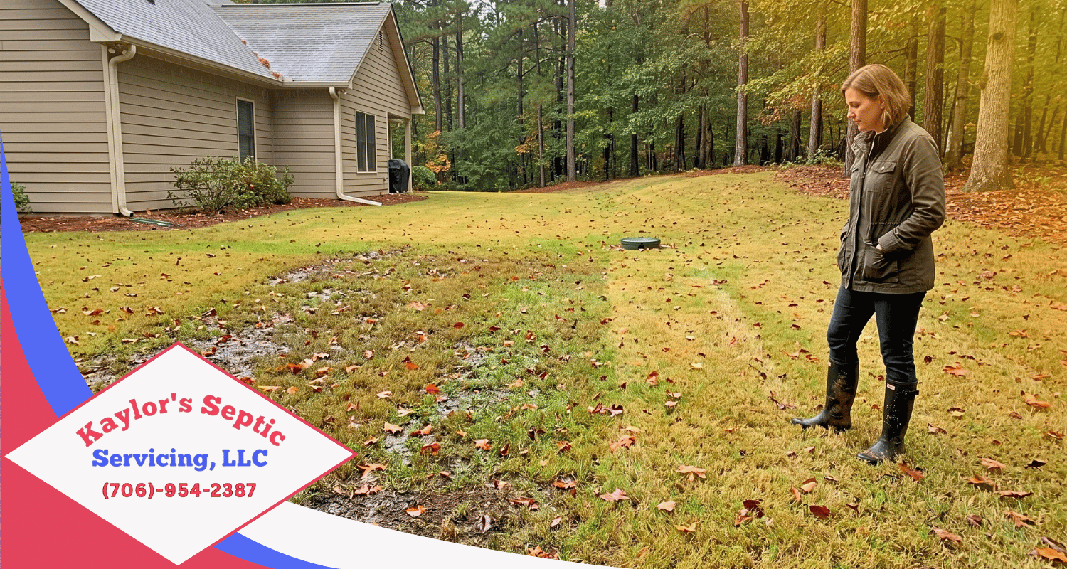 Winter septic maintenance in North Georgia with a homeowner checking a drain field area that stays wetter than the surrounding yard after rain