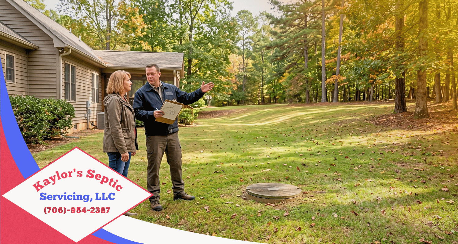 Winter septic maintenance in North Georgia with a homeowner and septic technician reviewing the system layout and property before colder weather